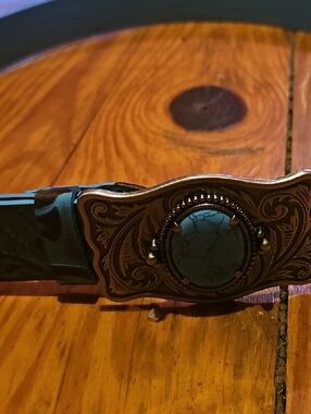 Women's Black Belt with Ornate Antique-Gold Buckle and Turquoise Accent